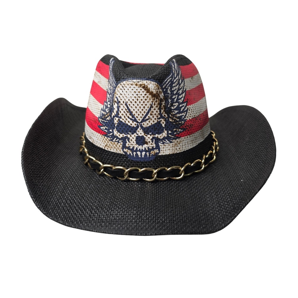 Fluffy Sense Cowboy Hat Mens OS Black Skull American Flag Chain Straw Western
